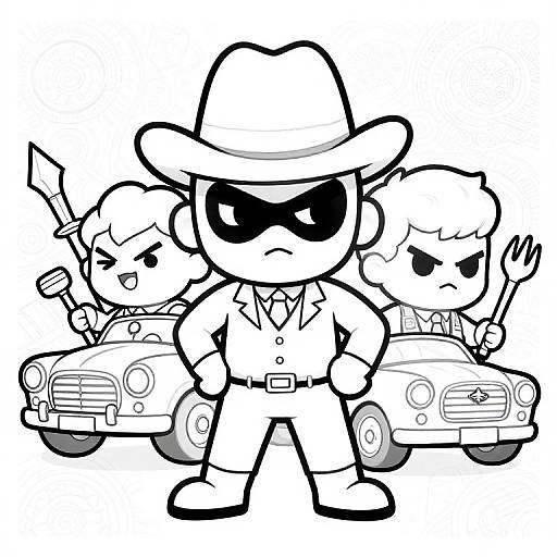 Cartoon black-and-white drawing of a stern, sunglasses-wearing character in a hat, flanked by two chibi-style characters and classic cars.