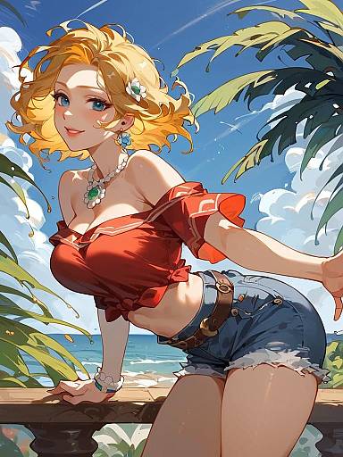 Blonde Woman in Red Crop Top and Denim Shorts at Beach