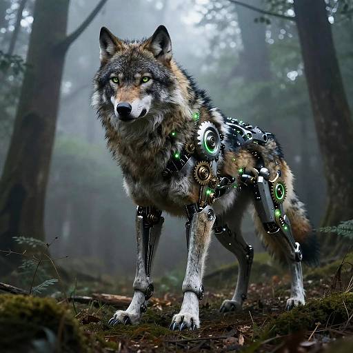 Cybernetic Wolf in Foggy Forest