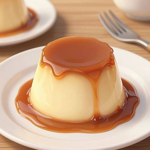 Photograph of a golden-brown, glossy, custard pudding with caramel sauce on a white plate, with a fork in the background.
