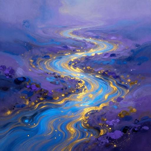 Abstract painting of a glowing blue and yellow river winding through a swirl of purple and black with golden sparkles.