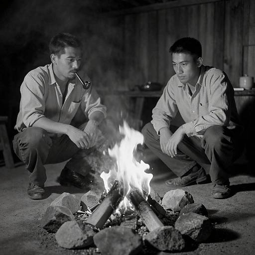 Two Men by Indoor Campfire