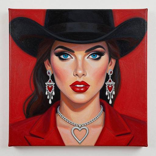 Digital painting of a stunning woman with blue eyes, red lips, black hat, red jacket, heart necklace, and dangling earrings against a red background.