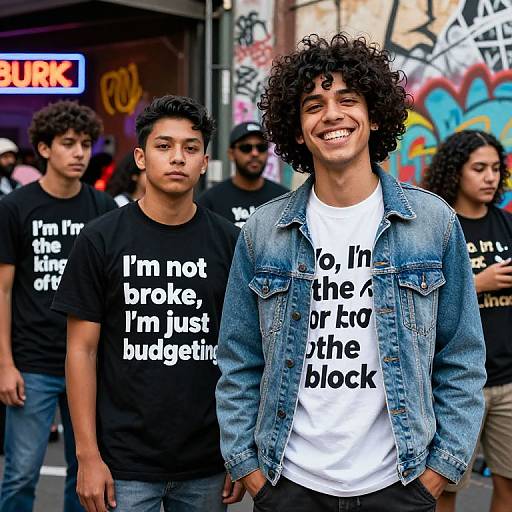 Photograph of smiling young man with curly hair, wearing denim jacket and white shirt with bold text, surrounded by friends in black shirts with similar text,