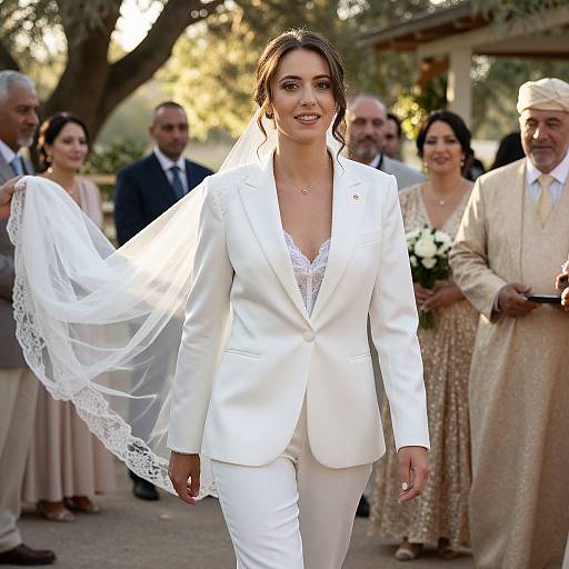Photograph of a smiling bride in a white suit and lace veil, walking outdoors at a wedding, with guests in formal attire in the background.