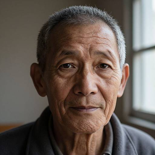 Photograph of an elderly Asian man with short gray hair, wrinkled face, and gentle smile, wearing a dark hoodie, illuminated by natural light from