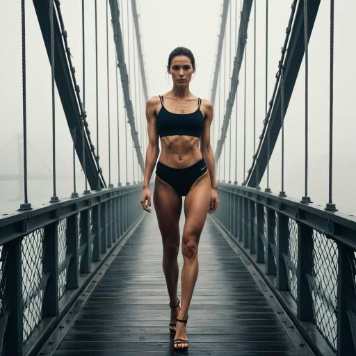 Fit Woman on Foggy Suspension Bridge