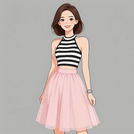 Smiling Woman in Striped Halter and Pink Tulle