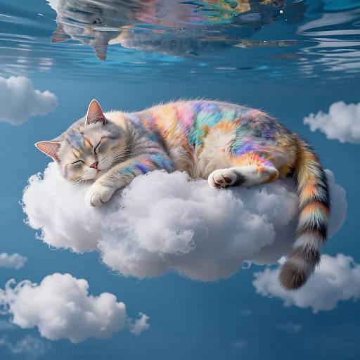 Photorealistic digital artwork of a colorful, rainbow-striped cat sleeping on a fluffy white cloud against a bright blue sky with floating clouds, reflecting in water