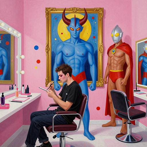 Photograph-style digital artwork: man in black shirt, seated, painting; blue horned demon, muscular, red briefs; silver masked superhero,