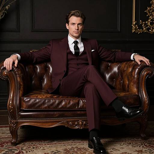 Photograph of a handsome, brown-haired man in a dark brown three-piece suit, white shirt, black tie, and black shoes, sitting confidently on