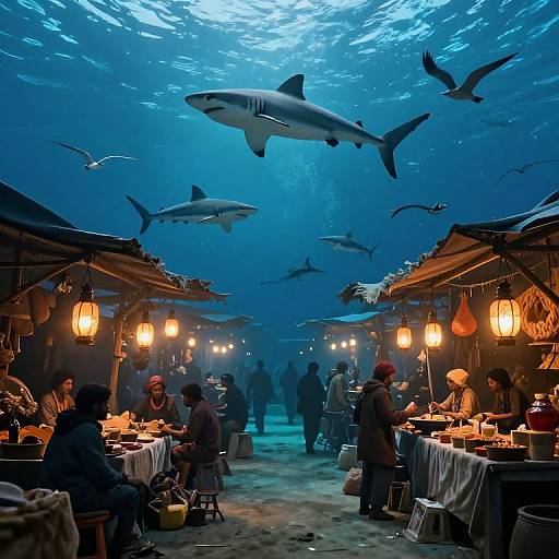 Photograph of a surreal underwater market with shark silhouettes, lantern-lit stalls, and people dining under a blue, illuminated oceanic ceiling.
