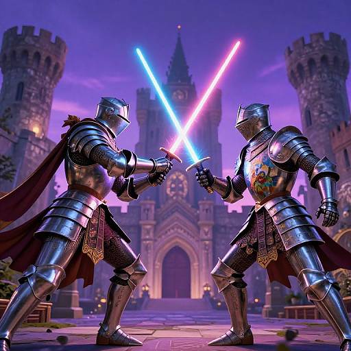 CGI image of two armored knights wielding glowing blue and red lightsabers, facing off in a medieval castle courtyard at twilight.