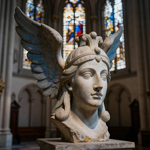 Blue-Tinted Winged Helmeted Stone Statue in Cathedral