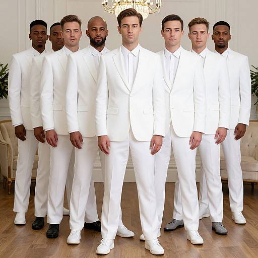 Photograph of eight men in white suits standing in a row, with diverse ethnicities and styles, in a bright, elegant room.