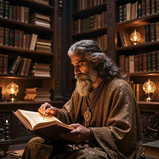 Photograph of an elderly man with long gray hair and beard, wearing a brown, patterned robe, reading an illuminated book in a dimly lit