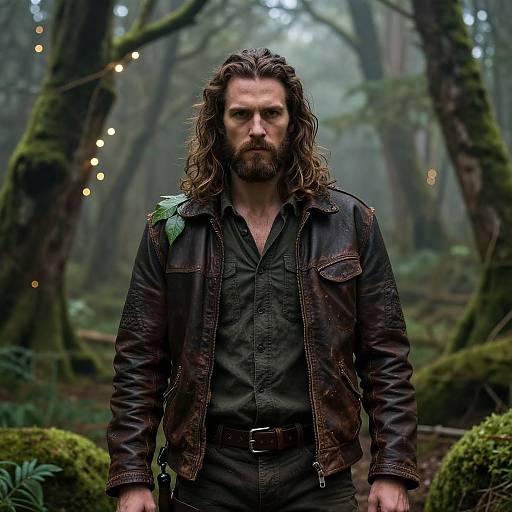 Photograph of a bearded man with long brown hair, wearing a dark leather jacket and green shirt, standing in a misty forest with string lights