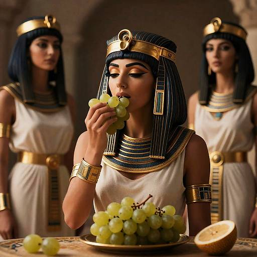 Digital painting of an ancient Egyptian woman with black hair, gold headdress, white dress, eating grapes, two similarly dressed women in background.