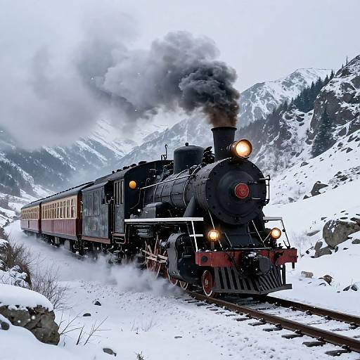 Photograph of a black steam locomotive with white and red carriages chugging through a snowy mountain landscape, emitting black smoke.