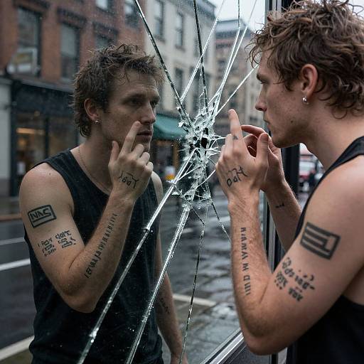 Photograph of two tattooed, shirtless men with messy hair smashing a glass window; urban street background; 