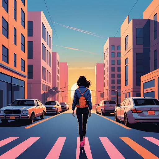 Woman Walking on City Street at Sunset