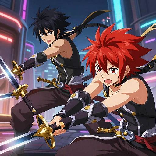 Anime-style drawing of two male warriors with black and red spiky hair, wielding glowing swords in a neon-lit, futuristic city.