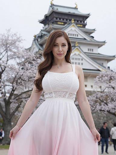 Elegant Woman in Castle with Cherry Blossoms