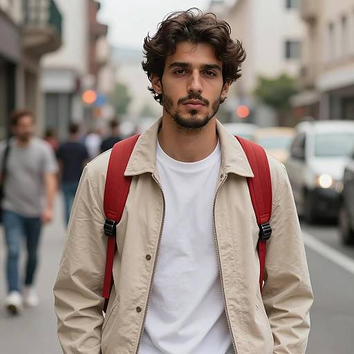 Young Man in Beige Jacket with Red Backpack on Urban Street
