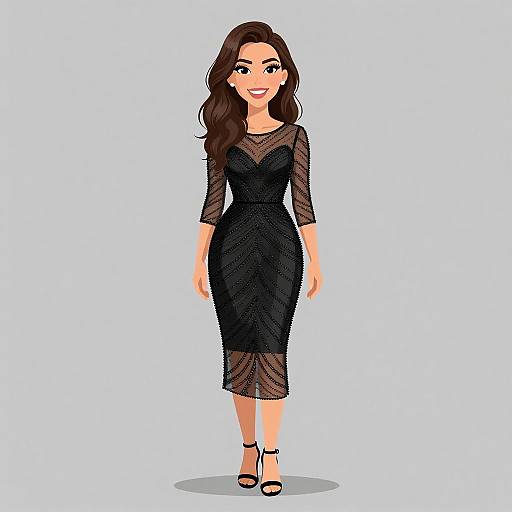 Digital illustration of a smiling woman with long brown hair, wearing a black, sheer, long-sleeved dress and black heels, standing against a light