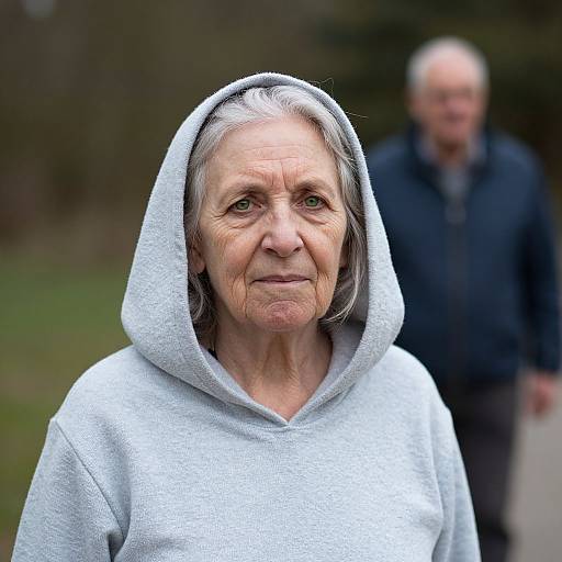 Photograph of an elderly woman with gray hair, wearing a light gray hooded sweatshirt, standing outdoors with a blurred elderly man in the background.