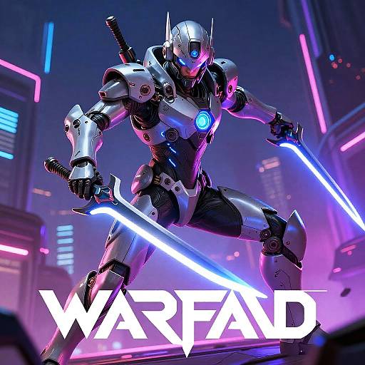 Digital CGI image of a futuristic, silver armored robot with glowing blue eyes and neon lights, wielding two glowing blue lightsabers, in a neon-l