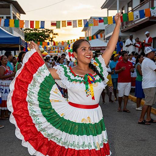 Photograph of a smiling Latina woman in a vibrant Mexican dress with red, green, and white stripes, raising her arms at a festive outdoor celebration,