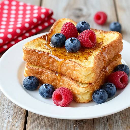 Photograph of golden-brown pancakes with syrup, topped with blueberries, raspberries, on a white plate, red polka-dot cloth in background