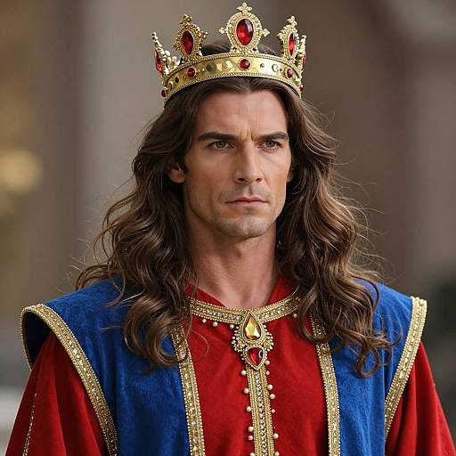 Photograph of a handsome, long-haired man with a serious expression, wearing a gold crown with red gems, a royal blue and red velvet robe,