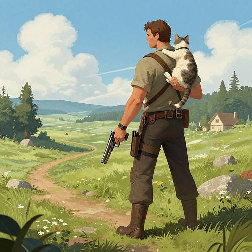 Man Holding Gun and Cat Illustration