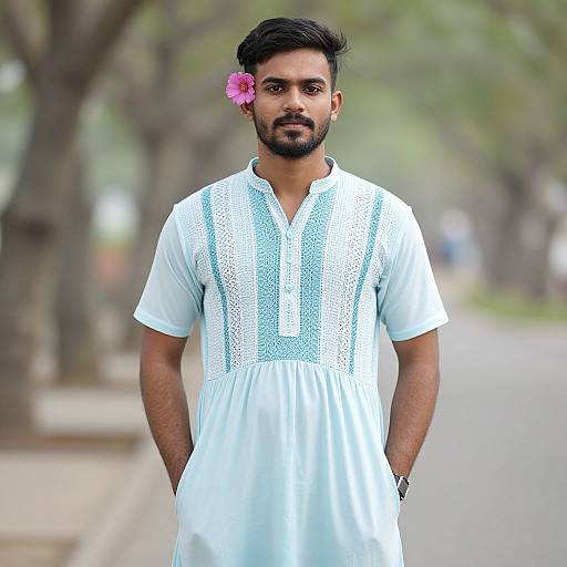Photograph of a bearded South Asian man with dark hair, wearing a white traditional kurta with blue lace, pink flower in hair, standing on