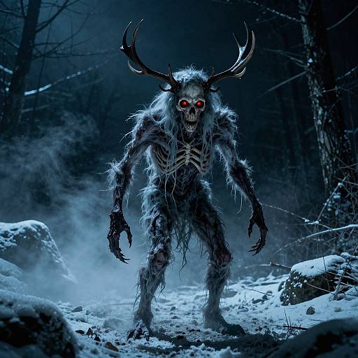 Digital artwork of a menacing, skeletal, deer-headed creature with glowing red eyes, fur-covered body, and sharp claws, standing in a snowy, dark