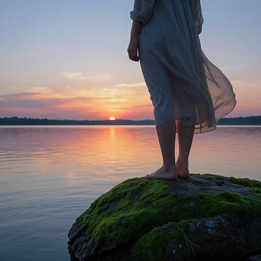 Photograph of a person in a flowing, sheer dress standing barefoot on a moss-covered rock, watching a vibrant sunset over a calm lake.