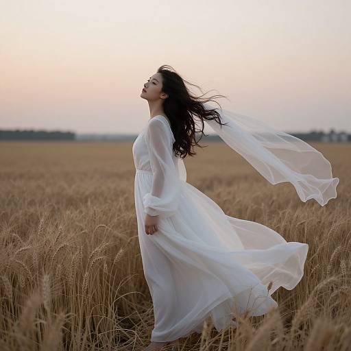 Photograph of a woman with long black hair in a flowing white dress, standing in a golden wheat field at sunset, head tilted back, dress bill