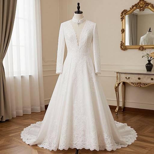 Photograph of an elegant white lace wedding dress on a mannequin in a bright, classic room with wooden floors, ornate gold mirror, and