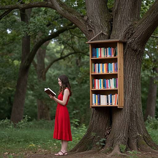 Photograph of a young woman with long brown hair, wearing a red dress, standing beside a wooden bookshelf filled with colorful books, reading a book