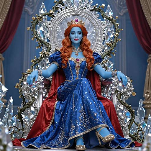 Digital art of a blue-skinned, red-haired queen with a crown, wearing a sparkling blue gown, seated on a crystal-encrusted throne