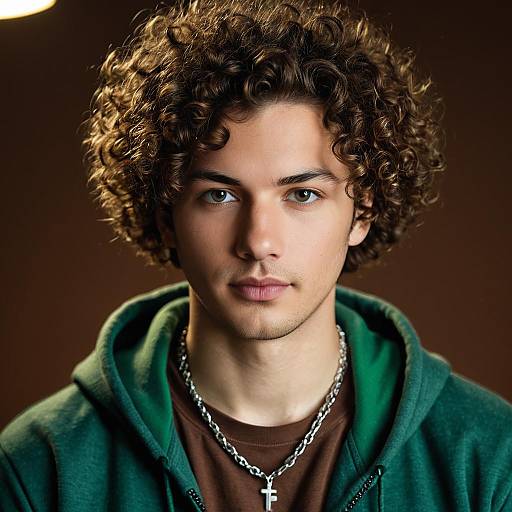 Young Man with Curly Hair in Green Hoodie