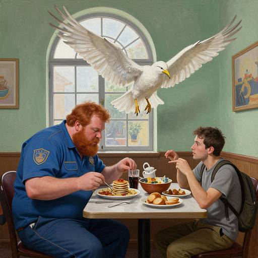 Photograph of a red-bearded man in a blue uniform and a young man with a backpack, eating breakfast while a seagull hovers above