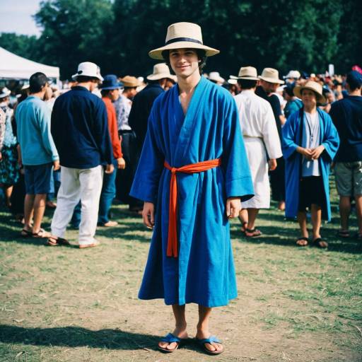Man in Blue Robe and Straw Hat at Outdoor Festival