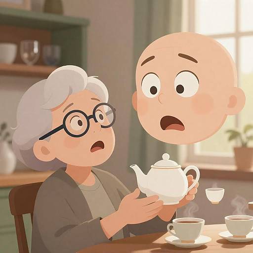 Surprised Elderly Woman and Cartoon Teapot