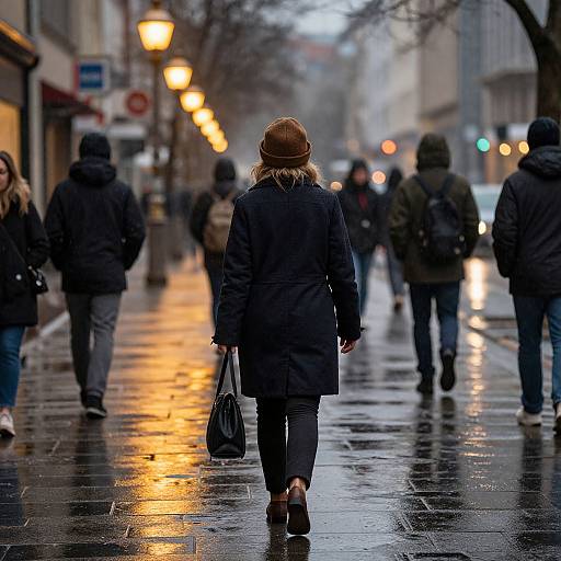 Photograph of a woman in a brown hat and dark coat walking on a wet, illuminated city street, surrounded by other pedestrians.