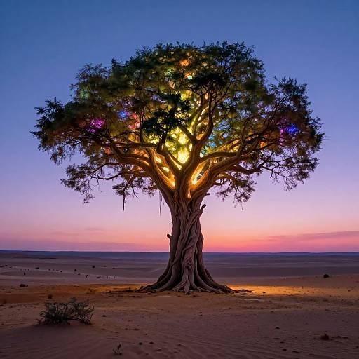 Photograph of a solitary, colorful-lit acacia tree in a desert at sunset, with a vivid purple-blue to pink-orange sky.
