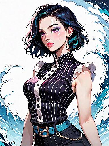 Stylish Woman in Pinstripe Jumpsuit with Water Waves