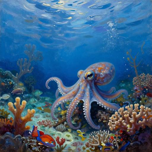 Vibrant underwater photograph of a large, colorful octopus with yellow eyes amidst a lively coral reef, surrounded by fish and diverse marine life under clear